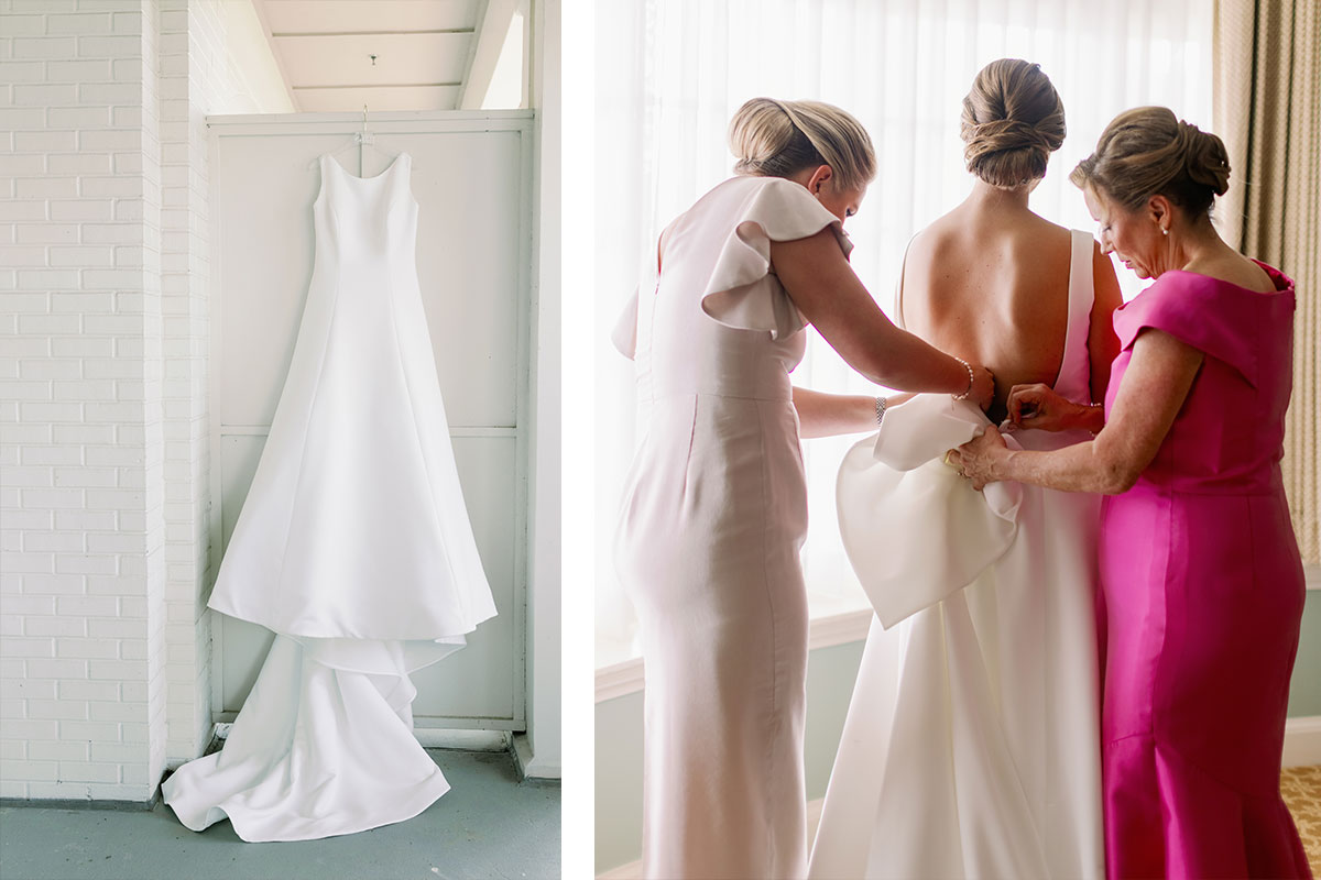 Bride adjusting dress